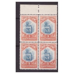 SAN MARINO 1929  -  VEDUTA   LIRE   3   NUOVO  ** QUARTINA