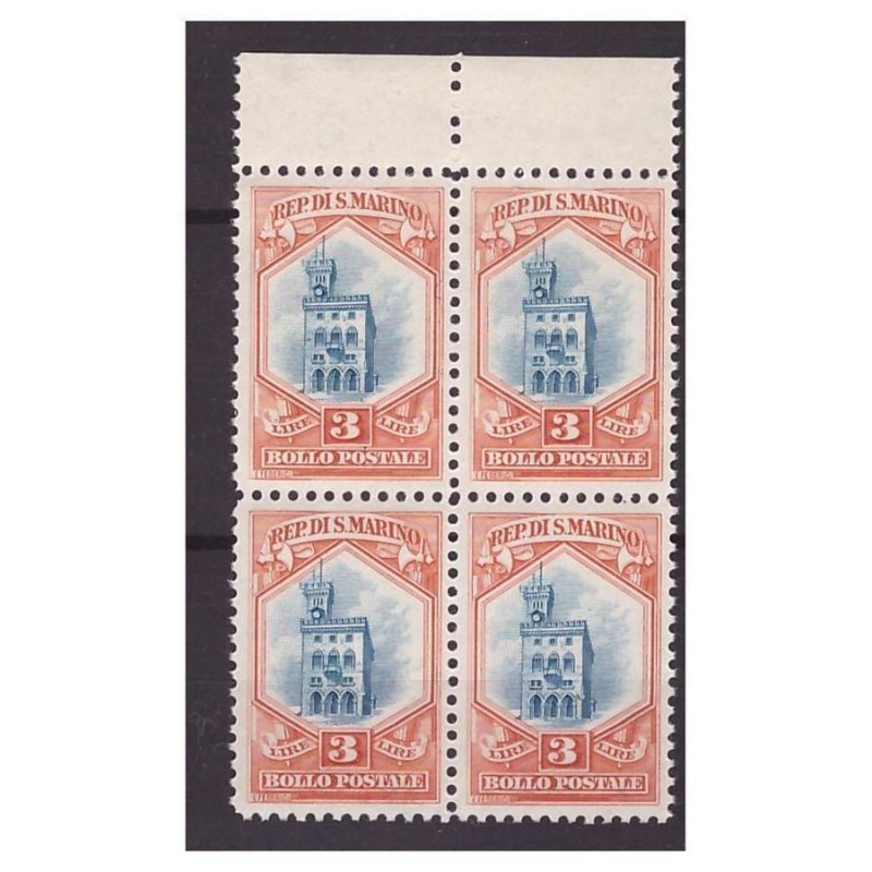 SAN MARINO 1929  -  VEDUTA   LIRE   3   NUOVO  ** QUARTINA