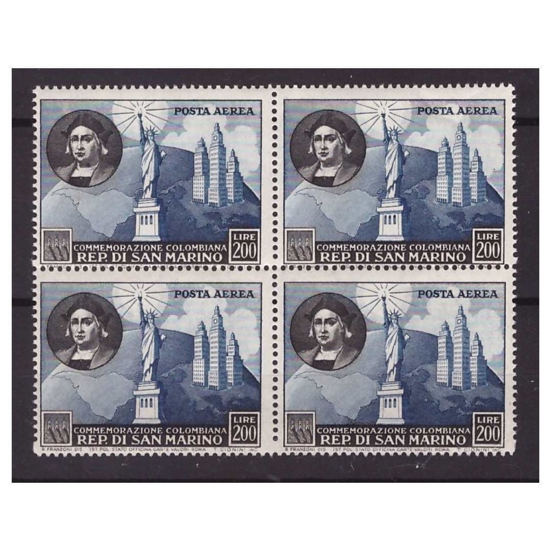 SAN MARINO 1952 - POSTA AEREA COLOMBO QUARTINA NUOVA **