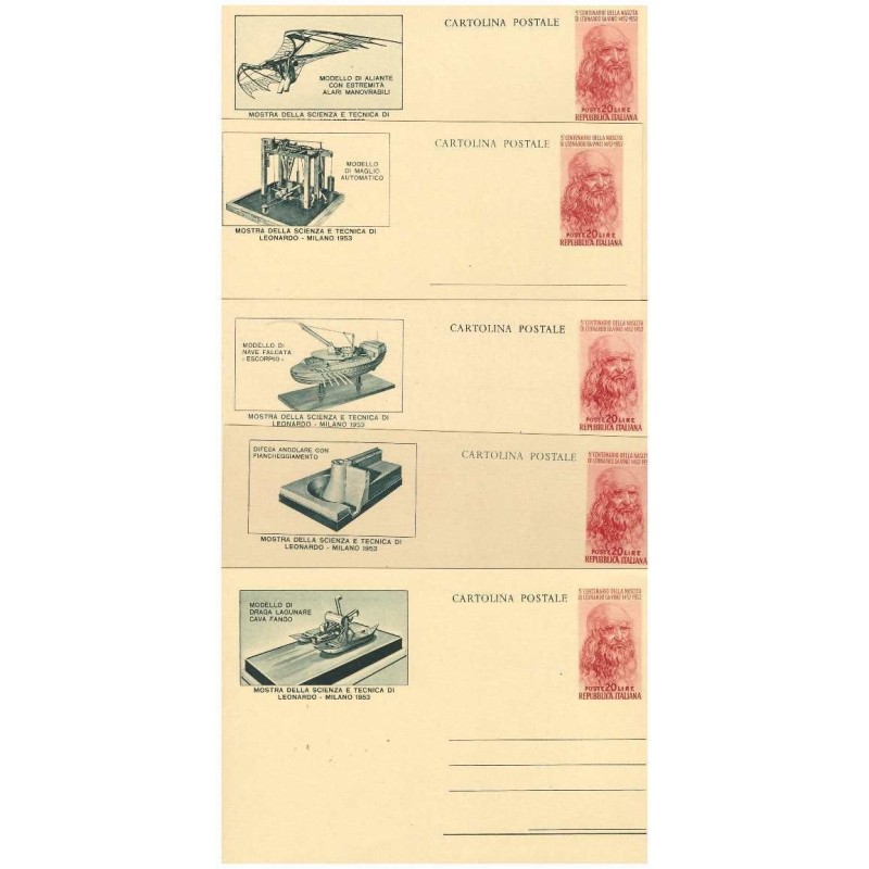 ITALIA  1953 - CARTOLINE POSTALI - LEONARDO DA VINCI  5 VALORI - SPLENDIDE