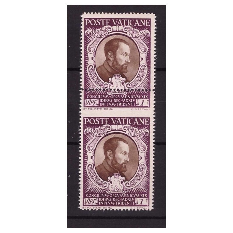 VATICANO 1946 - CONCILIO TRENTO  1 LIRA  COPPIA VERT. VARIETA'  DENT.   NUOVO **