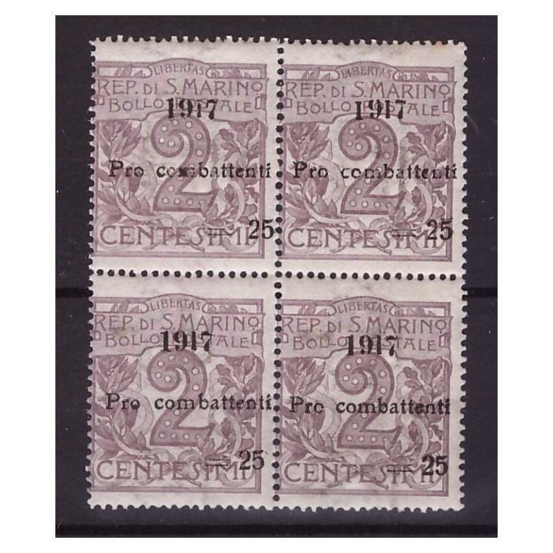 SAN MARINO 1917  -  PRO COMBATTENTI  CENT.  25 SU 2 QUARTINA  **