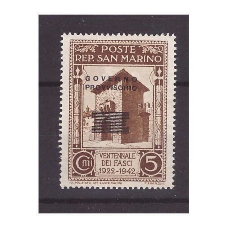SAN MARINO - 1943  GOVERNO PROVVISORIO  NUOVA SOPRASTAMPA CENT. 5  **