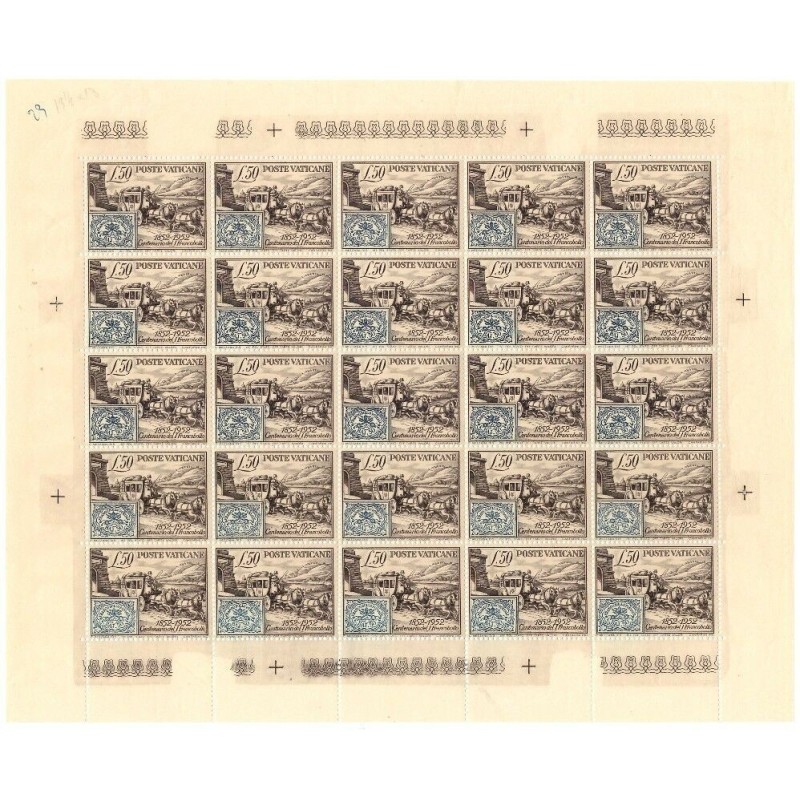 VATICANO 1952 - MINIFOGLIO CENTENARIO DEL I° FRANCOBOLLO NUOVO **