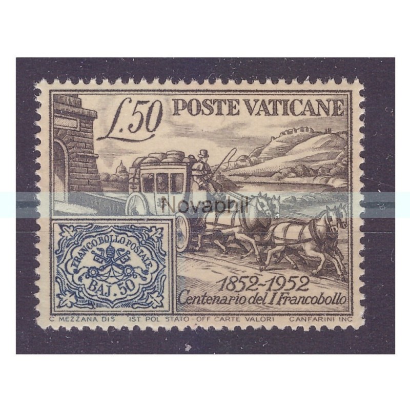 VATICANO 1952 - CENTENARIO DEL I° FRANCOBOLLO NUOVO **