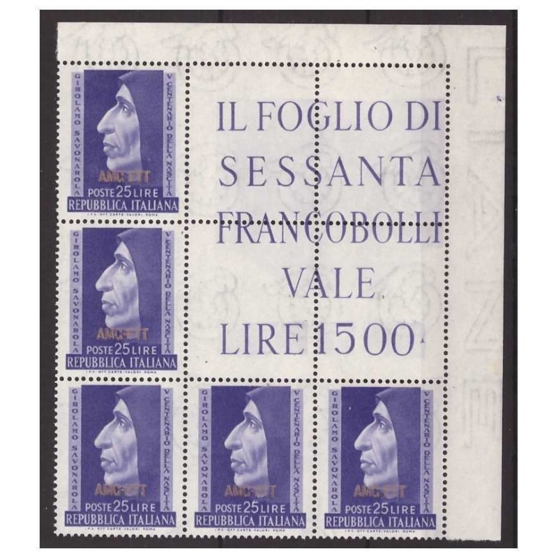 TRIESTE A - 1952   SAVONAROLA   BLOCCO ANGOLARE  NUOVO **