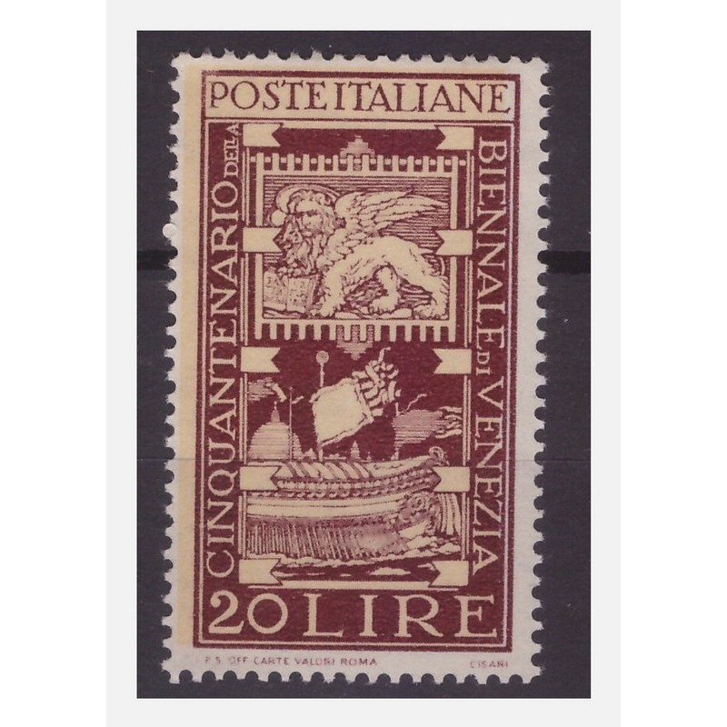 ITALIA  1949 -  BIENNALE DI VENEZIA  LIRE 20 CAMOSCIO SPOSTATO   NUOVO  **