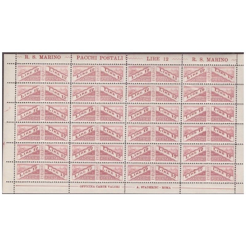 SAN MARINO 1928 - PACCHI POSTALI Lire 12 FOGLIETTO NUOVO **