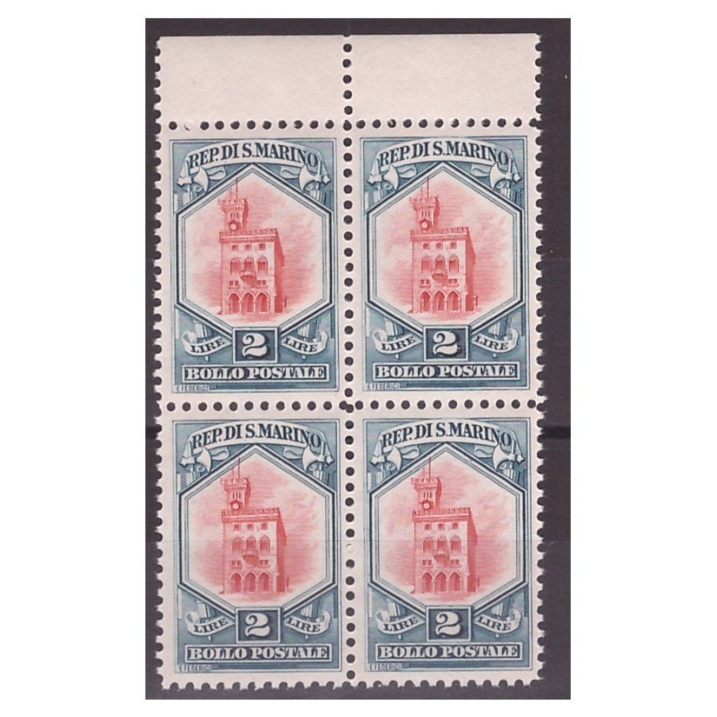 SAN MARINO 1929  -  VEDUTA   LIRE   2   NUOVO  ** QUARTINA