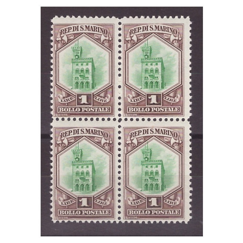 SAN MARINO 1929 - VEDUTA LIRE 1 NUOVO ** QUARTINA