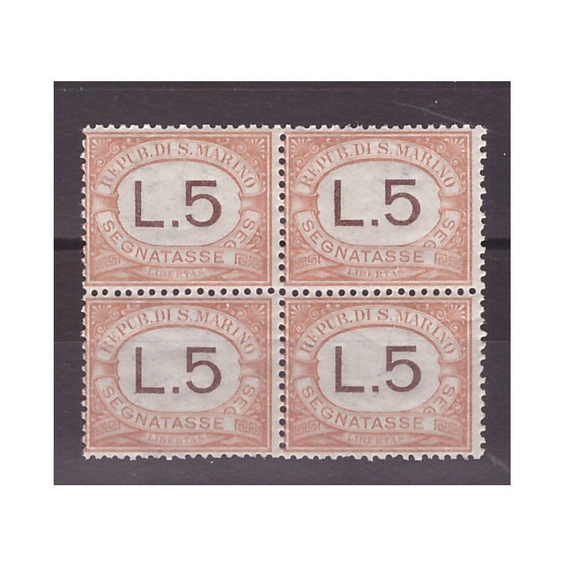 SAN MARINO 1925 - SEGNATASSE LIRE 5 NUOVO ** QUARTINA
