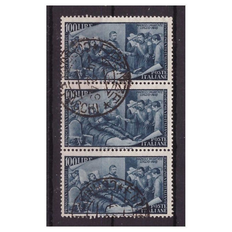 1948 - RISORGIMENTO - Lire 100 USATO STRISCIA DI 3