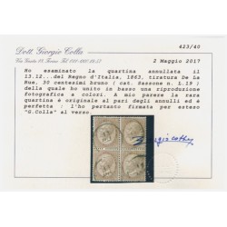 REGNO 1863 - 30 CENTESIMI DE LA RUE - QUARTINA USATA   - CERTIFICATO COLLA